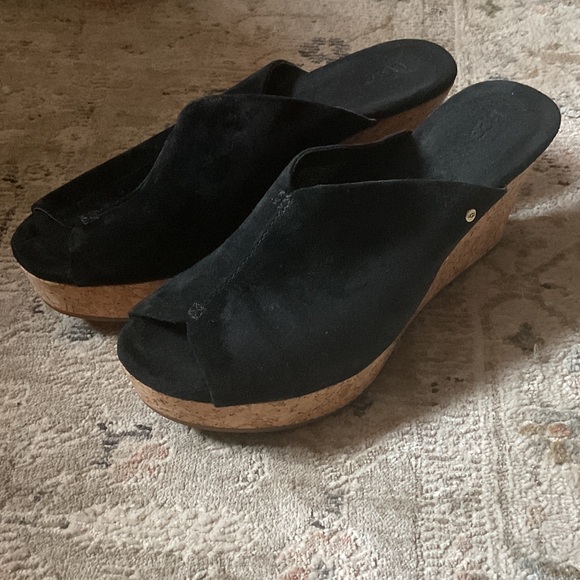 UGG Black Suede Clogs with Cork Platform - Picture 1 of 6